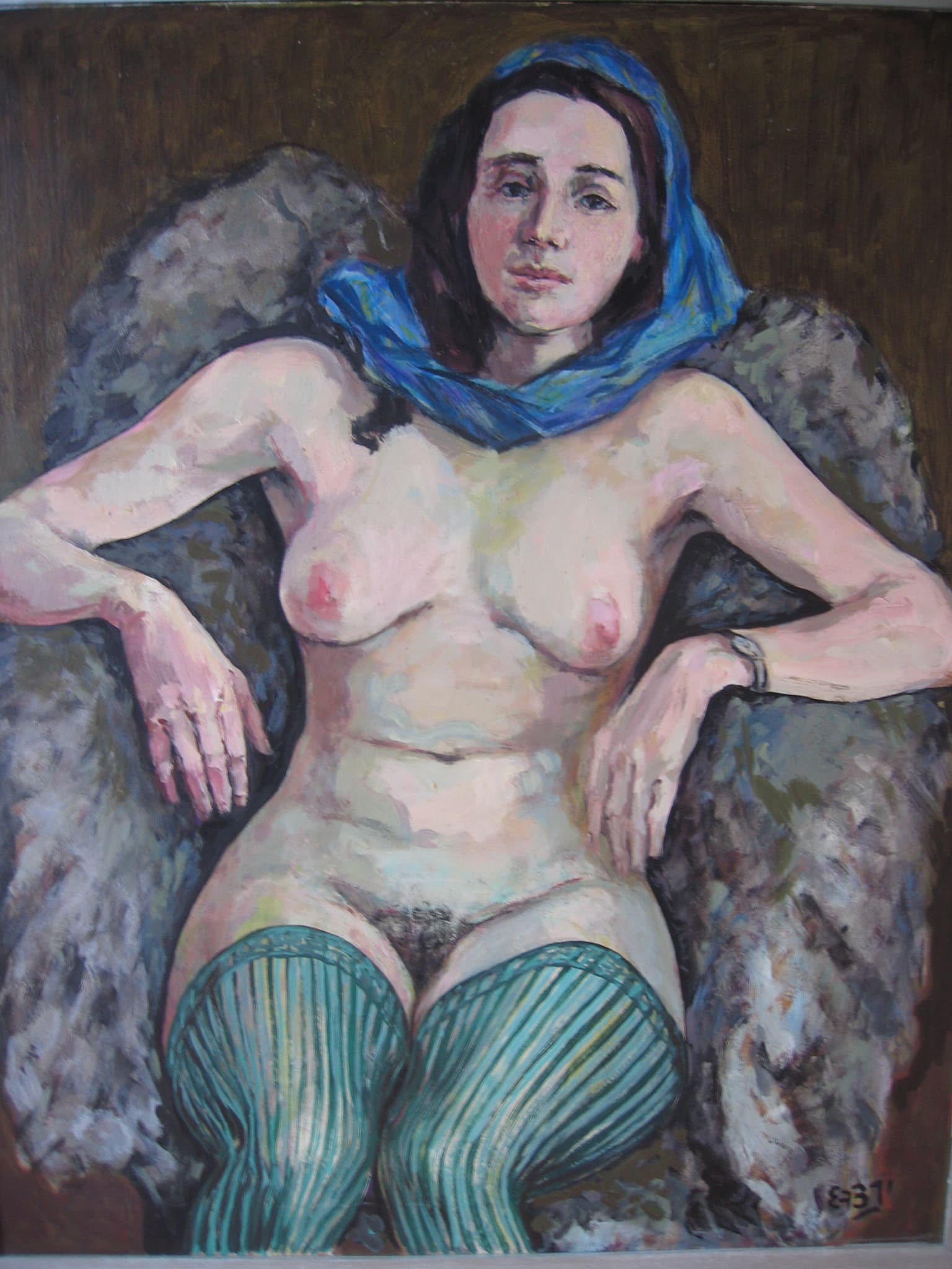 Blauwe shawl/green stocking