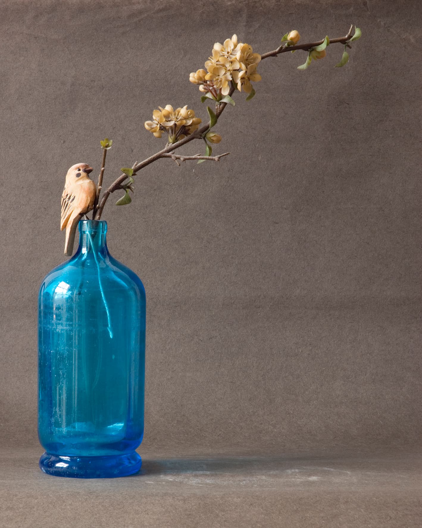 Blauwe fles met vogeltje